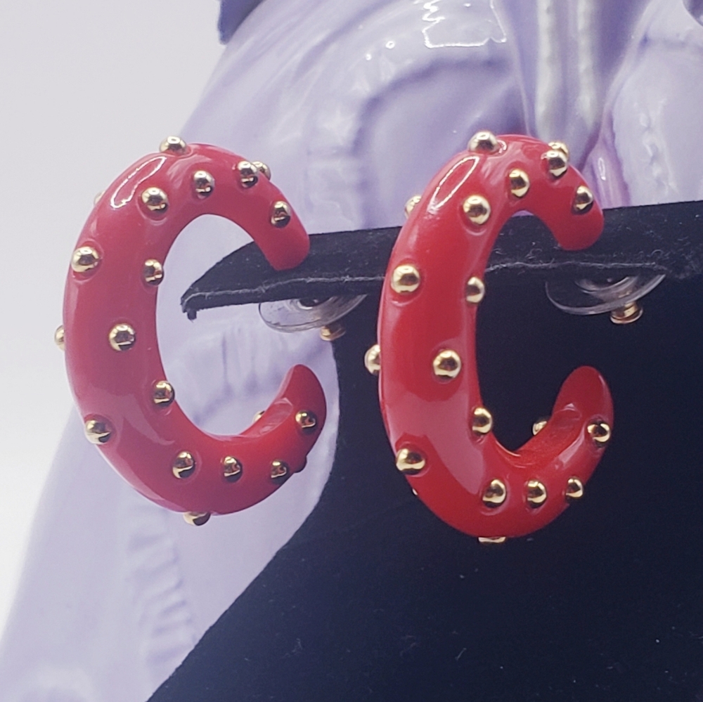 Vintage 80s KJL Bright Red and Gold Studded Hoop Lucite Earrings 1.25" 0216